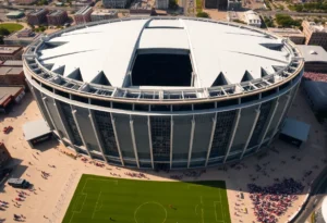 Aerial view of AT&T Stadium with fans and event setup