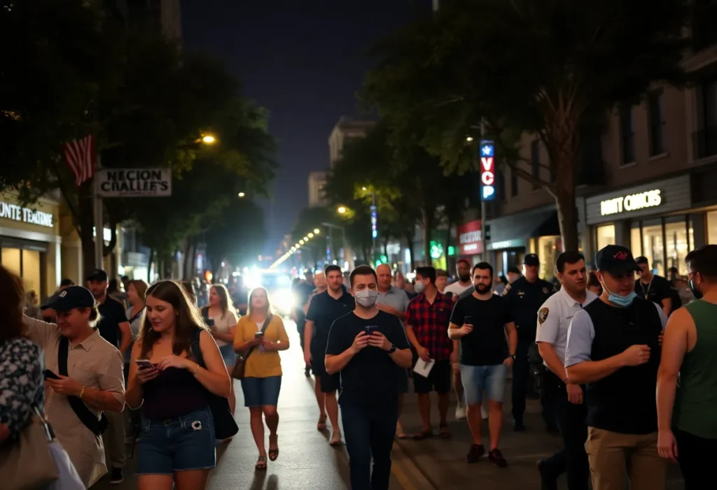 People on 6th Street Austin celebrating Halloween with visible police presence.
