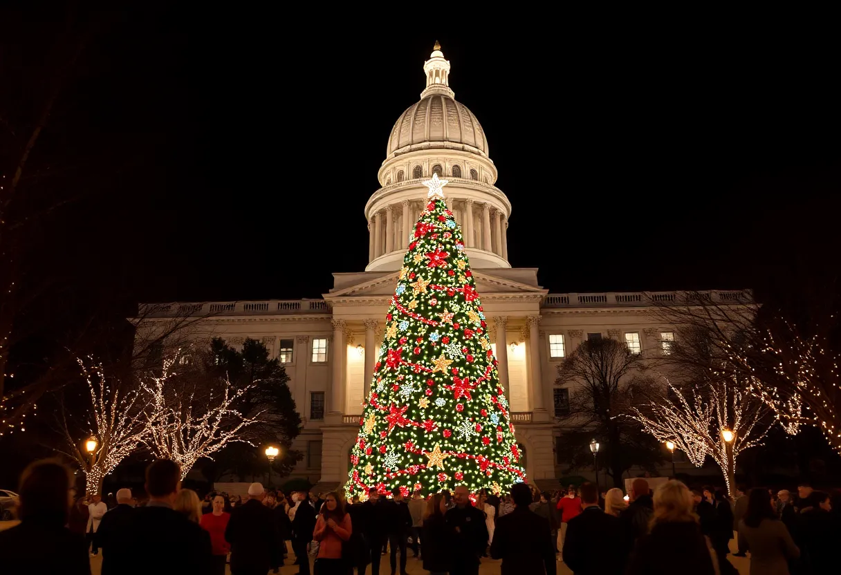 Texas State Capitol decorated for the holidays with a large Christmas tree.
