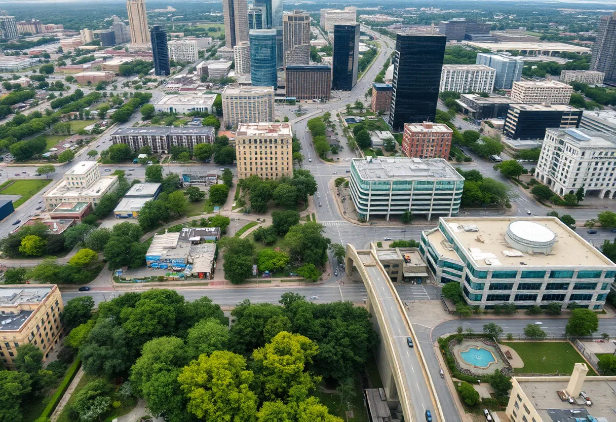 Aerial view of Austin highlighting recovery efforts.
