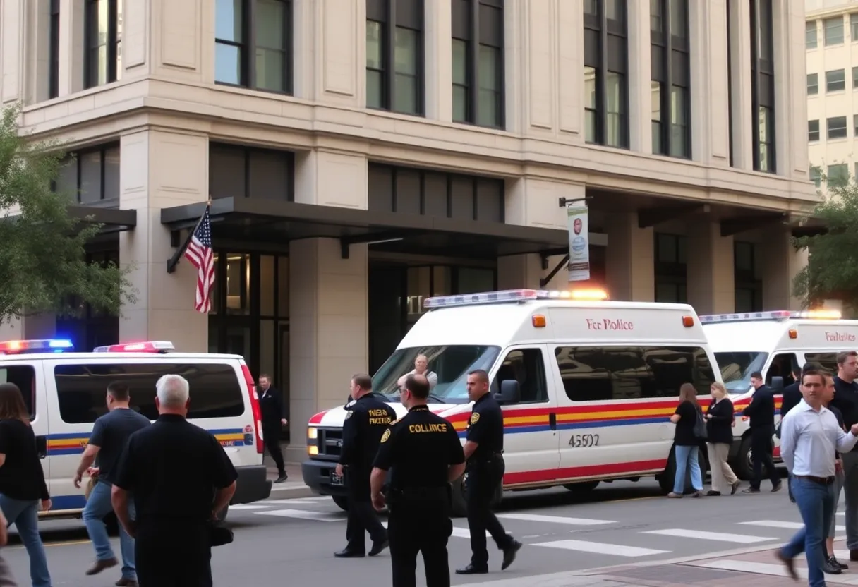 Police responding to a bomb threat in downtown Austin with emergency vehicles and an evacuated building.