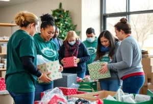 Volunteers in Austin organizing gifts for the holiday season