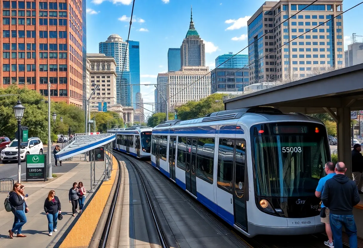 Render of Austin's light rail system in a bustling urban setting