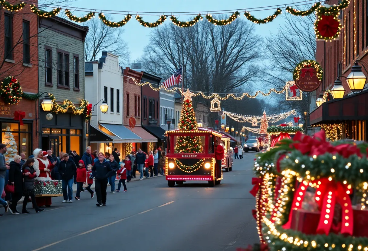 A vibrant view of Bastrop's Main Street filled with holiday lights and decorations during a festive parade.