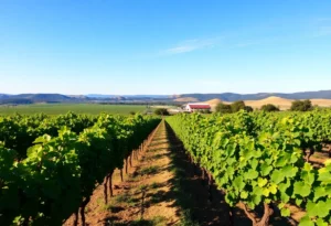 A beautiful view of Becker Vineyards showcasing grapevines in Texas hill country