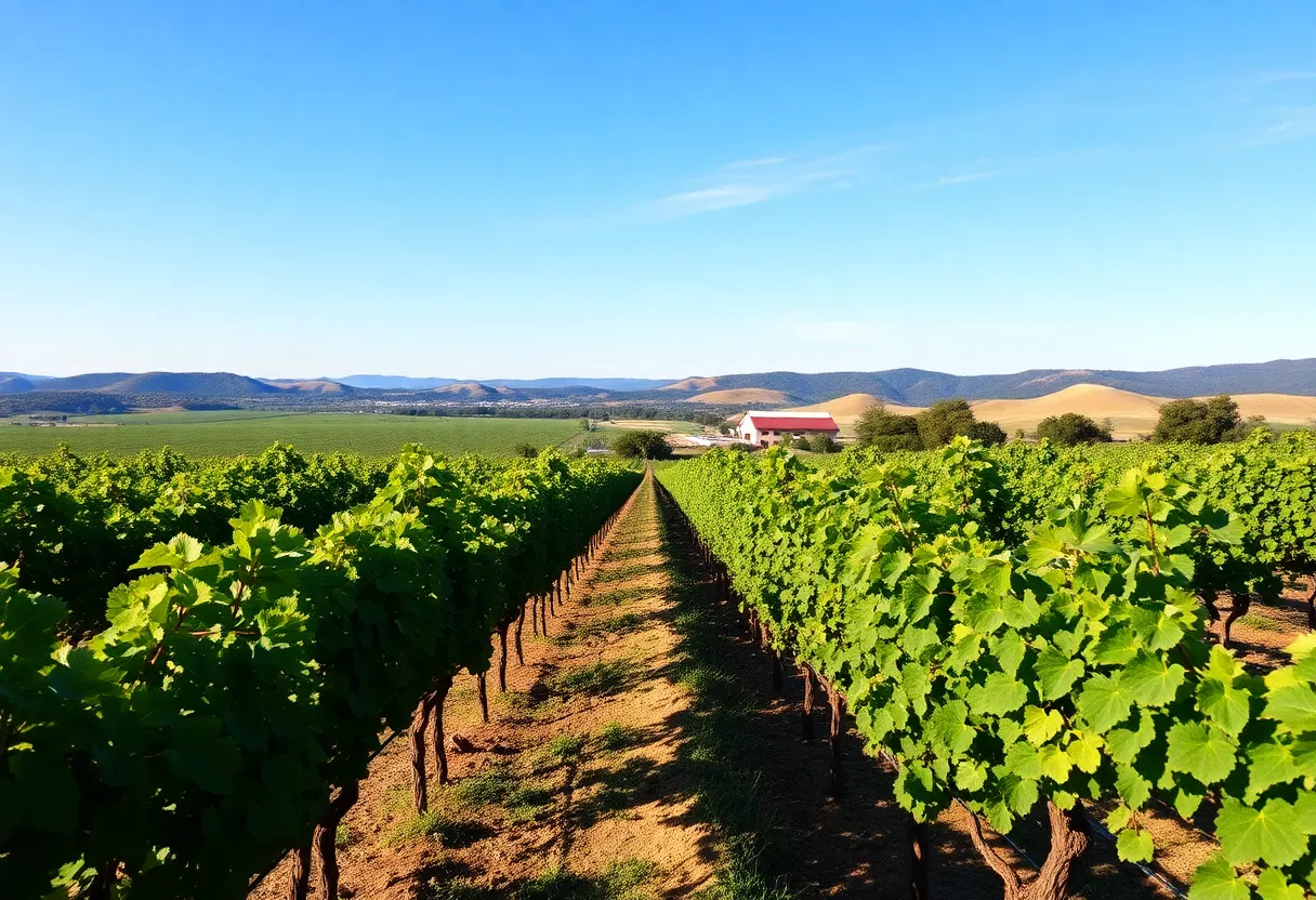 A beautiful view of Becker Vineyards showcasing grapevines in Texas hill country