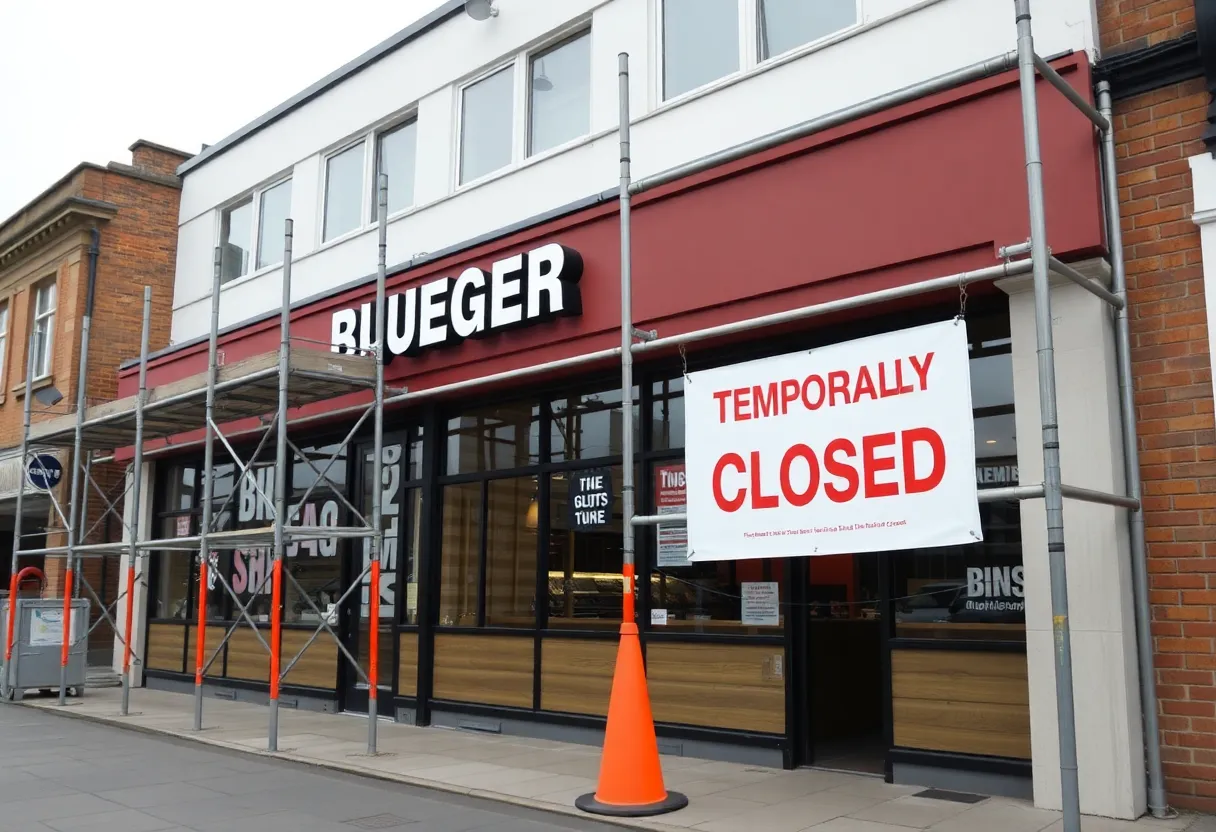 Bellagreen closure sign with construction scaffolding
