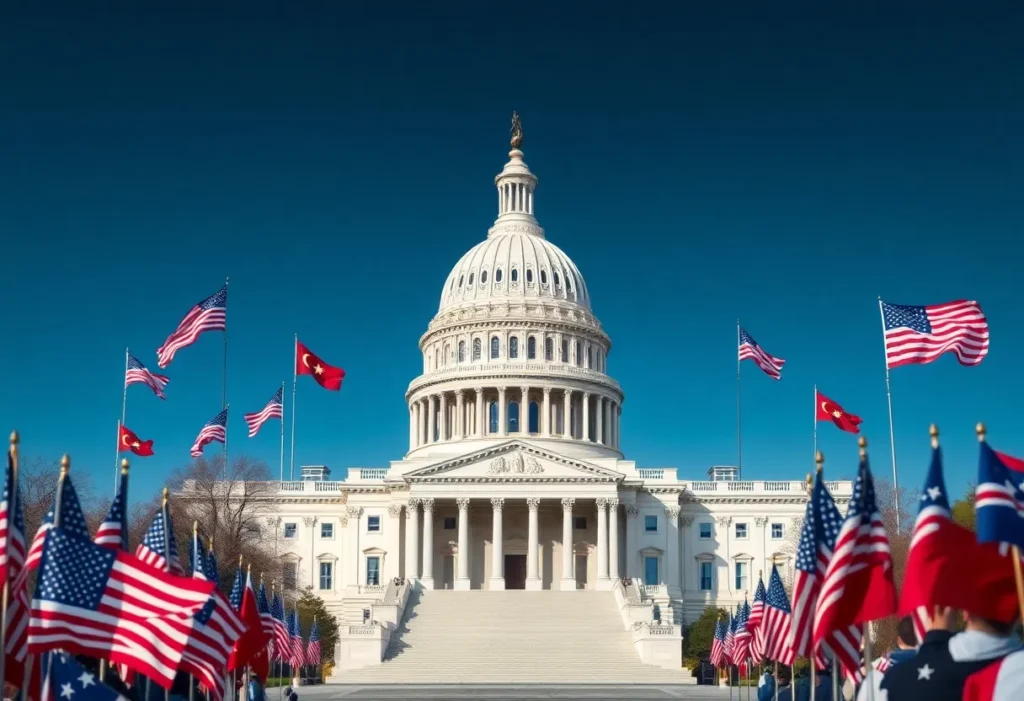 U.S. Capitol with symbols of legislation and diplomacy