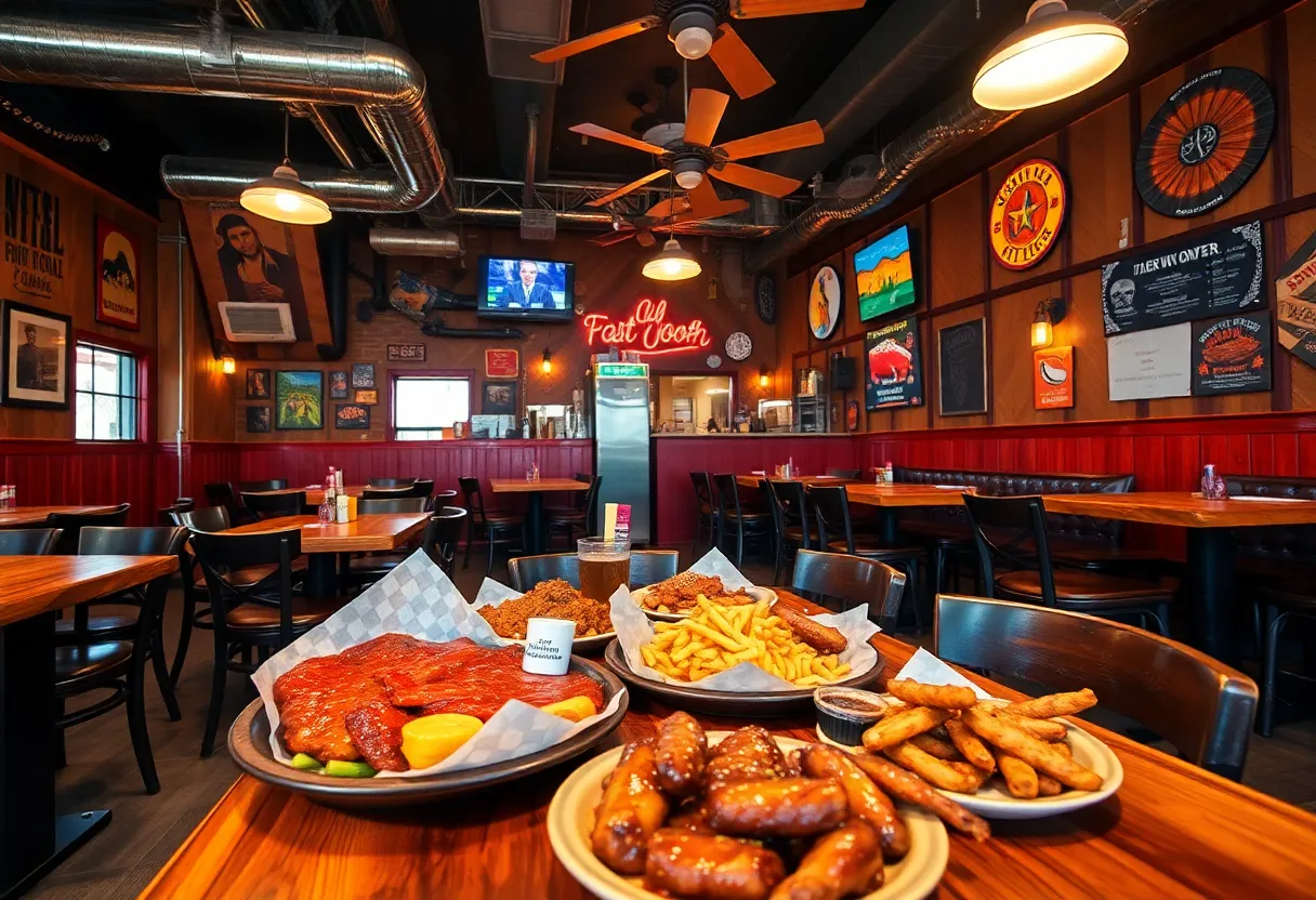 Interior of Brix Barbecue in Fort Worth with barbecue dishes