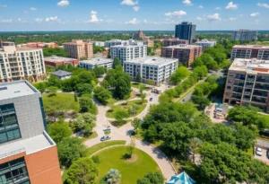 A panoramic view of the revitalized Brooks Community in San Antonio, showcasing residential and commercial areas.