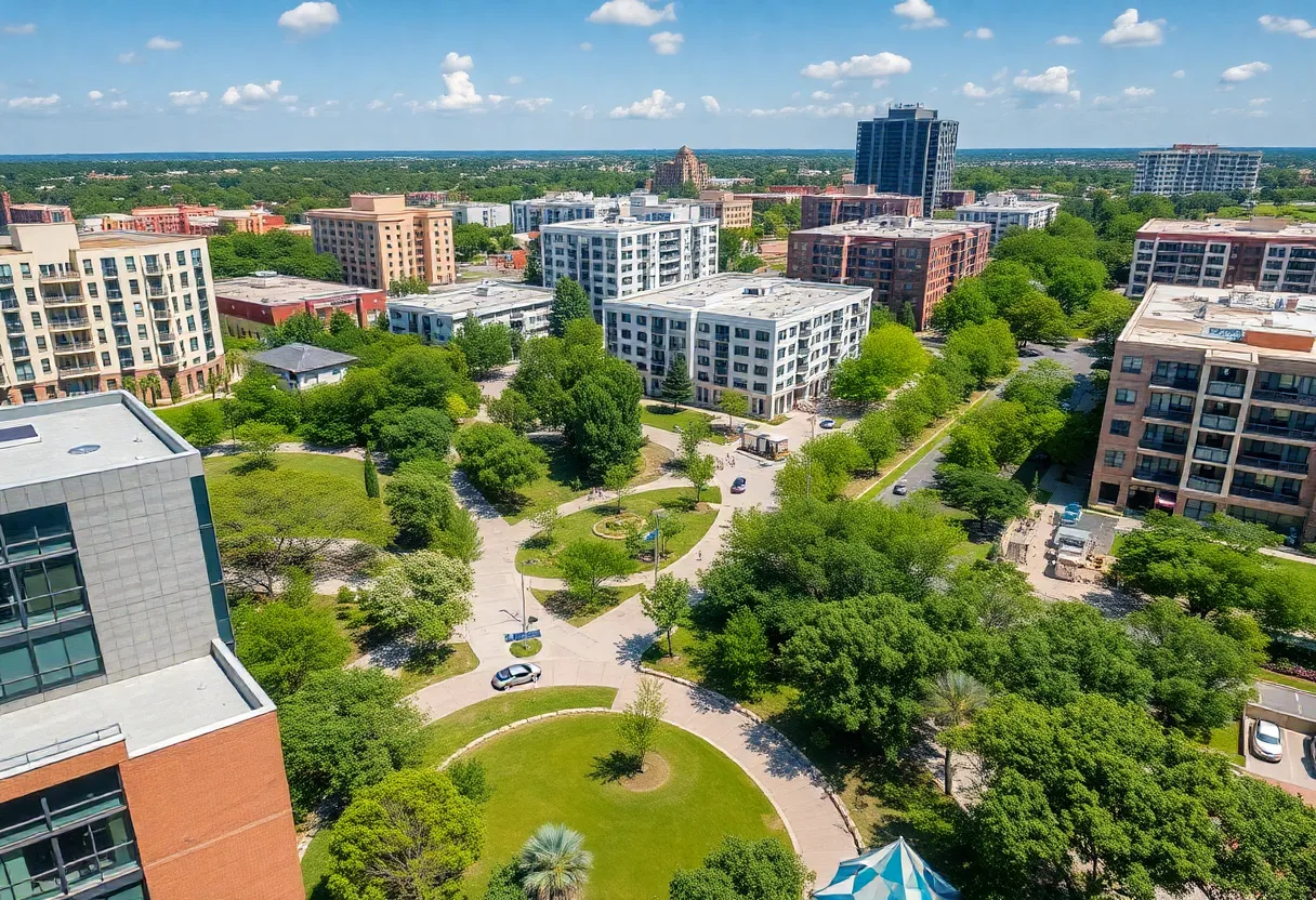 A panoramic view of the revitalized Brooks Community in San Antonio, showcasing residential and commercial areas.