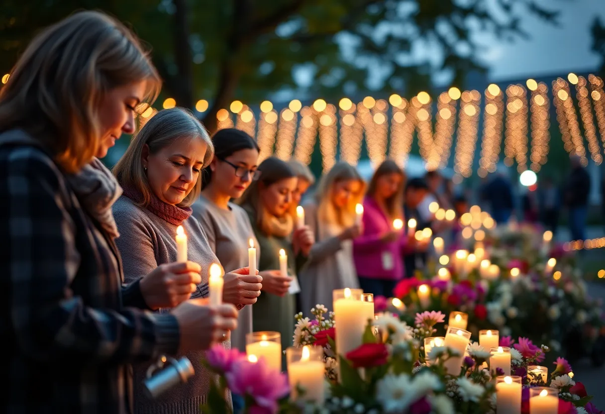 Families participating in Worldwide Candle Lighting Day vigil lighting candles.
