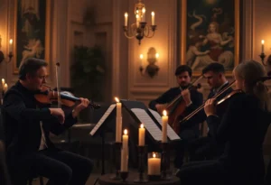 Live string quartet performing The Beatles' music under candlelight