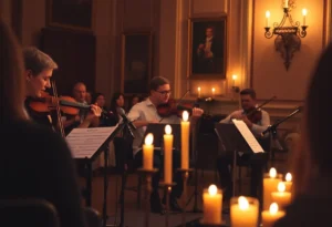 A candlelit concert setting with string musicians performing