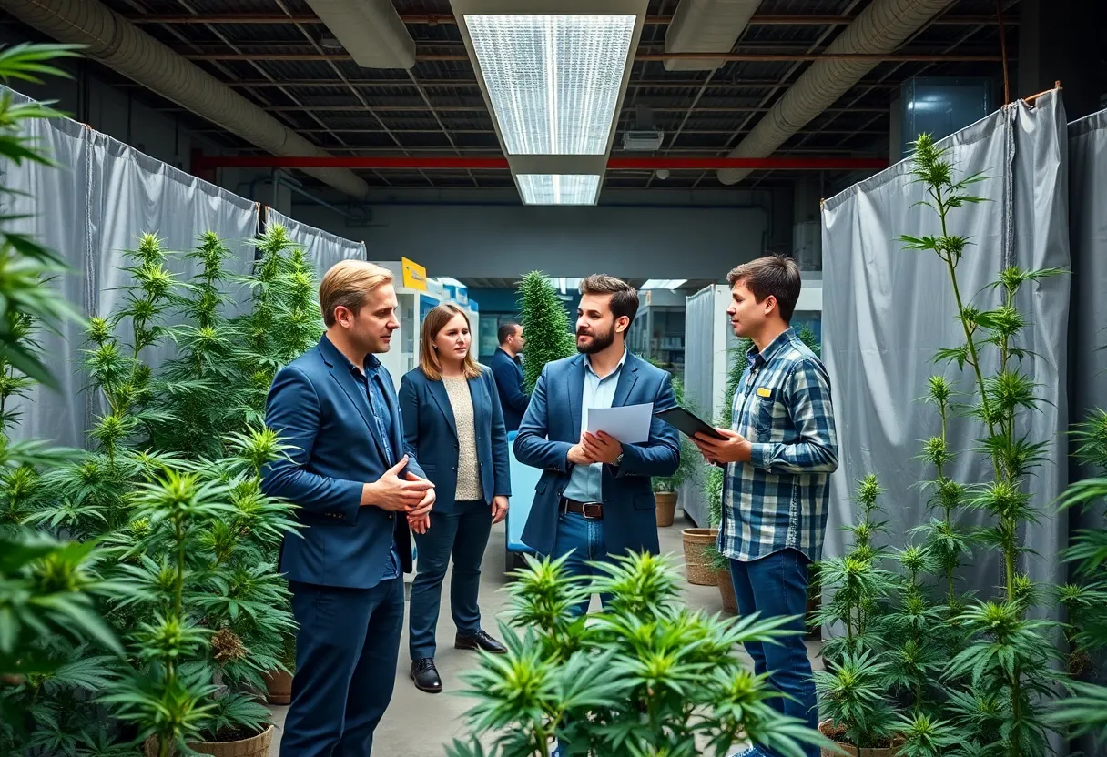 Entrepreneurs in a cannabis industry setting discussing opportunities