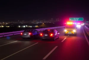 Two vehicles involved in a nighttime crash on I-35 access road with emergency services.