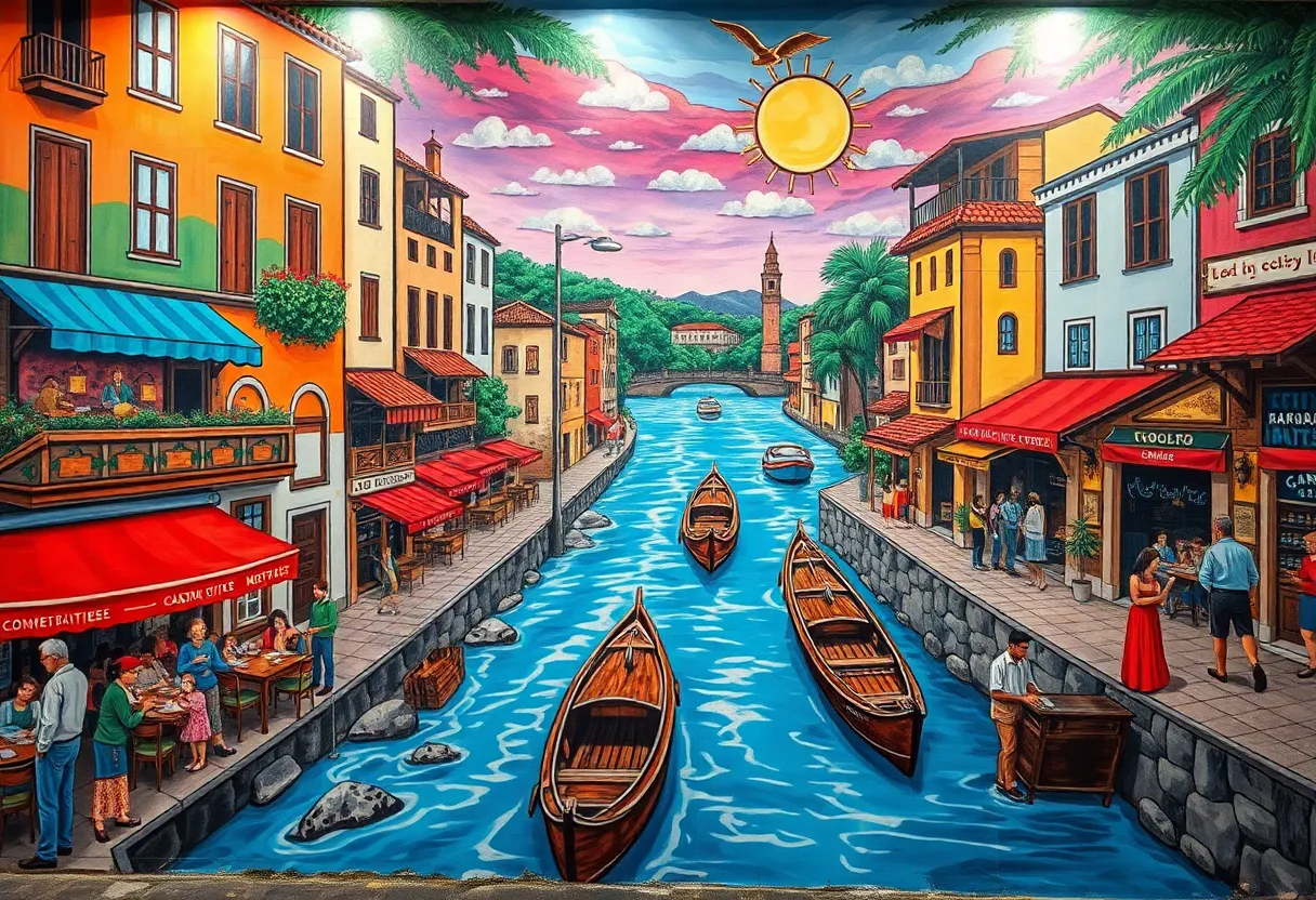 Mural depicting the history of the San Antonio River Walk at Casa Rio