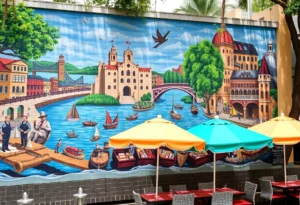 Mural honoring the history of the San Antonio River Walk on the exterior of Casa Rio restaurant.