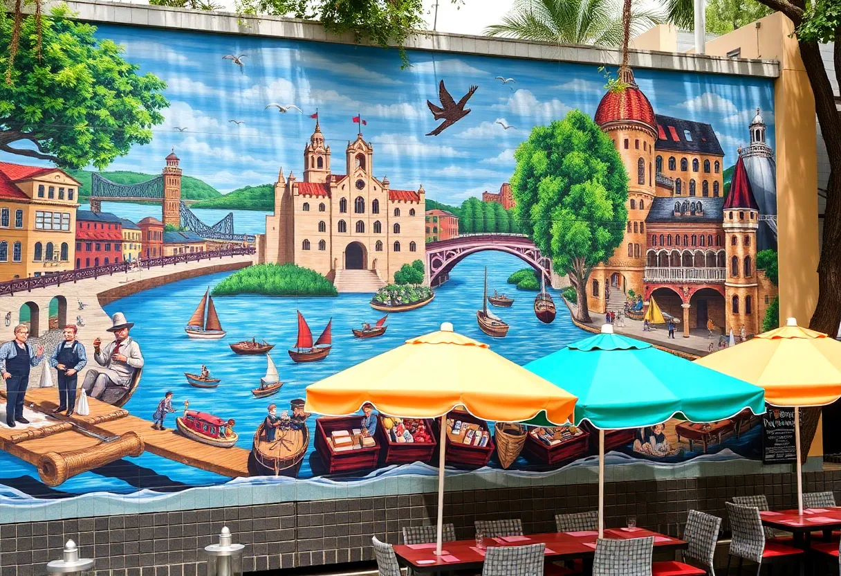 Mural honoring the history of the San Antonio River Walk on the exterior of Casa Rio restaurant.