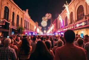 Crowd dancing during the Celebrate SA event in San Antonio with fireworks overhead.