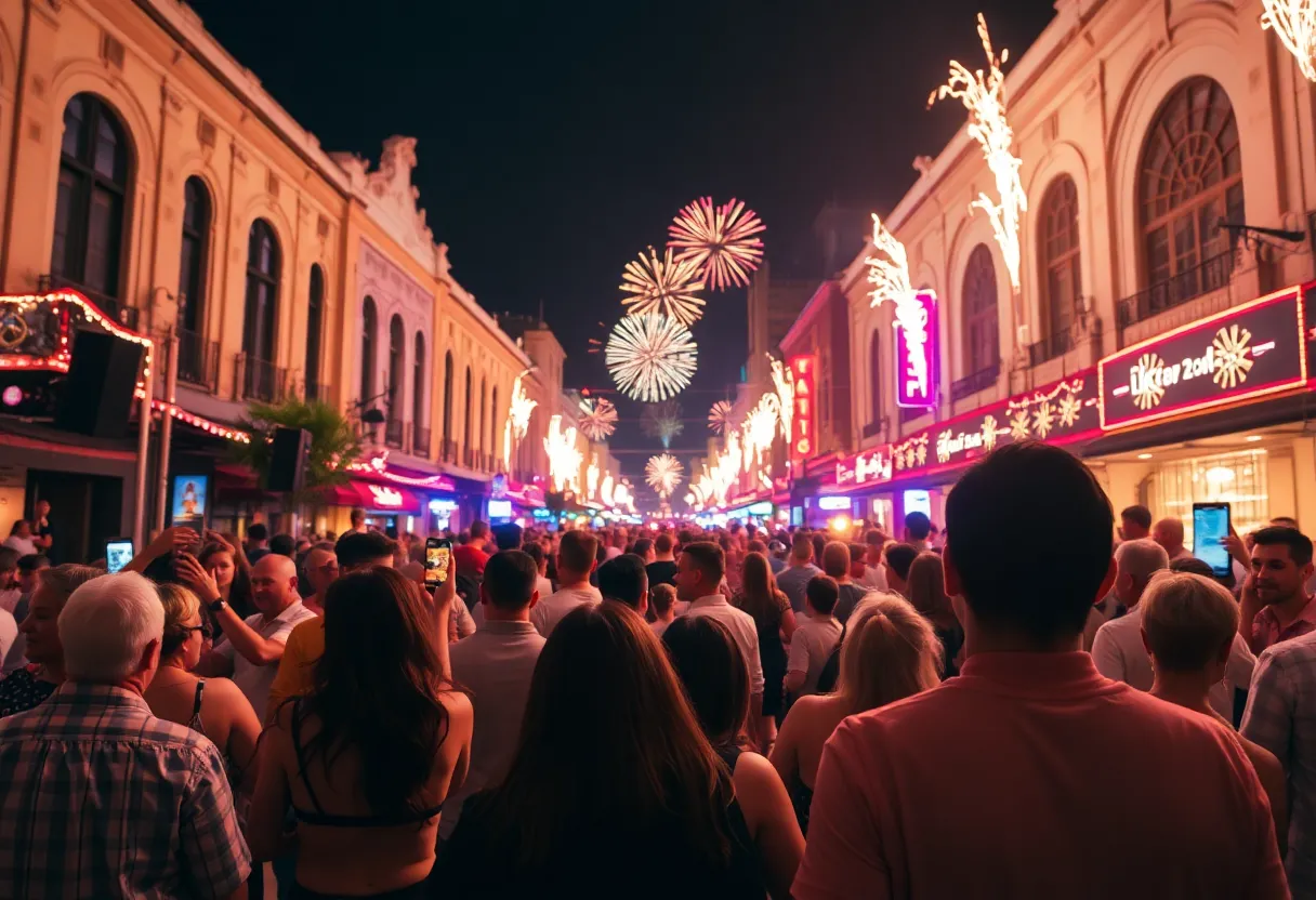 Crowd dancing during the Celebrate SA event in San Antonio with fireworks overhead.