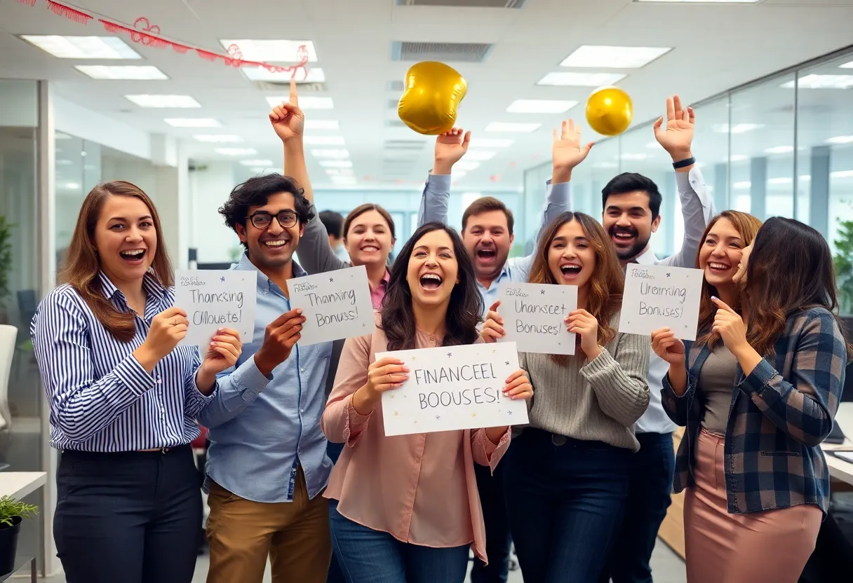 Employees celebrating bonuses in a corporate office