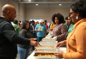 Community members participating in the Celebration of Hope event serving meals