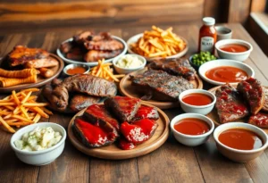 A spread featuring different Texas barbecue dishes on a wooden table.