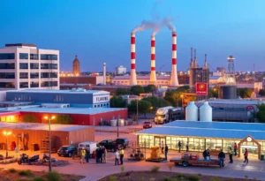 Scene depicting investment growth in Central Texas with workers and production facilities.