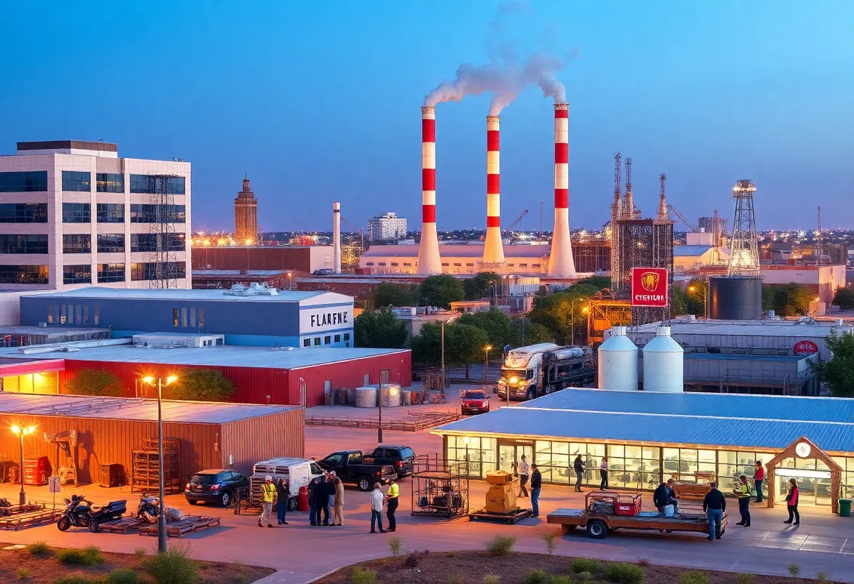 Scene depicting investment growth in Central Texas with workers and production facilities.