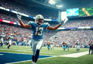 Chargers football players celebrating a touchdown in a game against the Cowboys at AT&T Stadium.