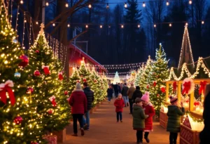 Families celebrating Christmas at Sundrop Springs Farm with lights and activities.