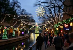 Families enjoying Christmas lights along the San Antonio River Walk