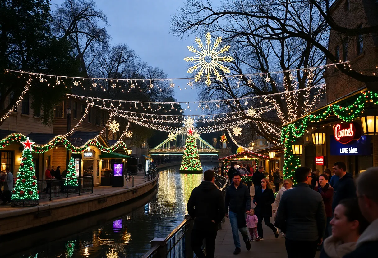 Families enjoying Christmas lights along the San Antonio River Walk