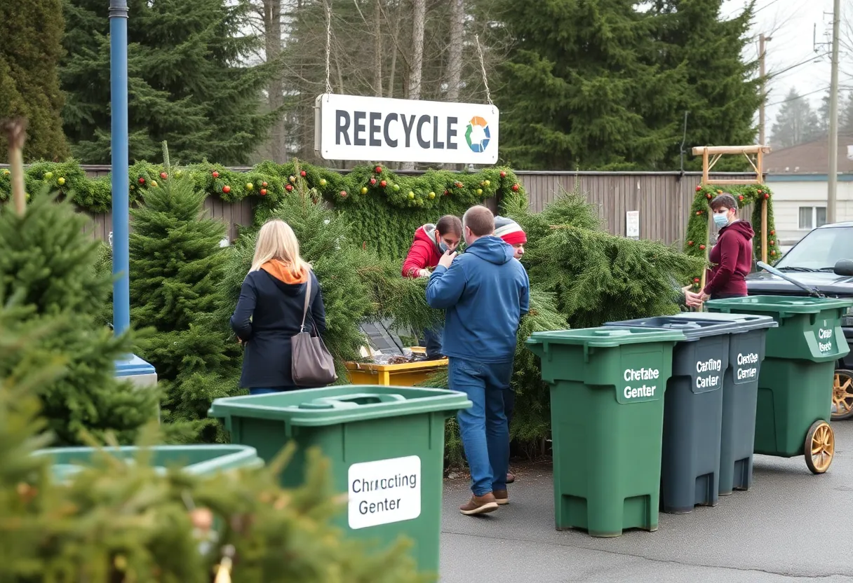 Residents recycling Christmas trees at a San Antonio recycling center