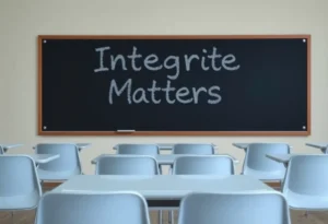 A classroom with empty desks and a chalkboard about integrity