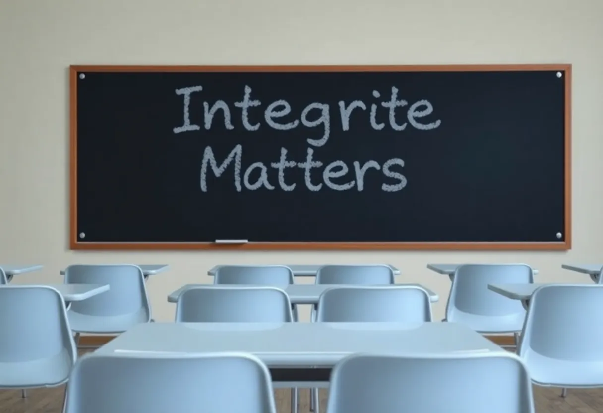 A classroom with empty desks and a chalkboard about integrity