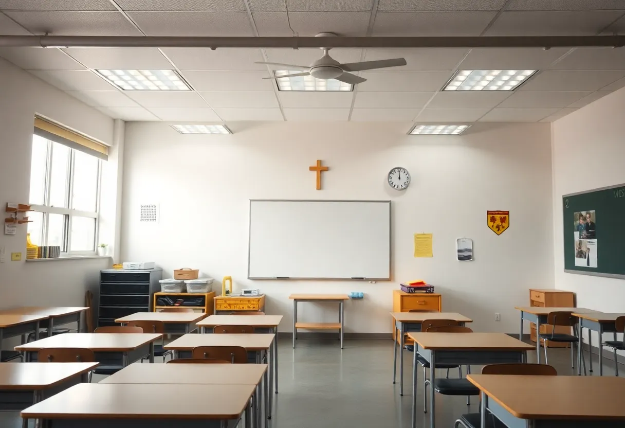 A classroom interior without religious displays.