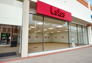Exterior of the closed Party City store with 'For Lease' sign in San Antonio