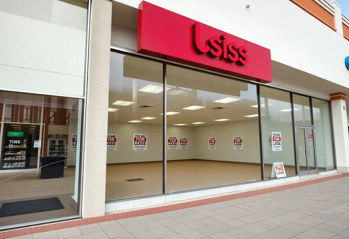 Exterior of the closed Party City store with 'For Lease' sign in San Antonio