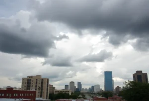 Strong cold front approaching San Antonio with cloudy skies