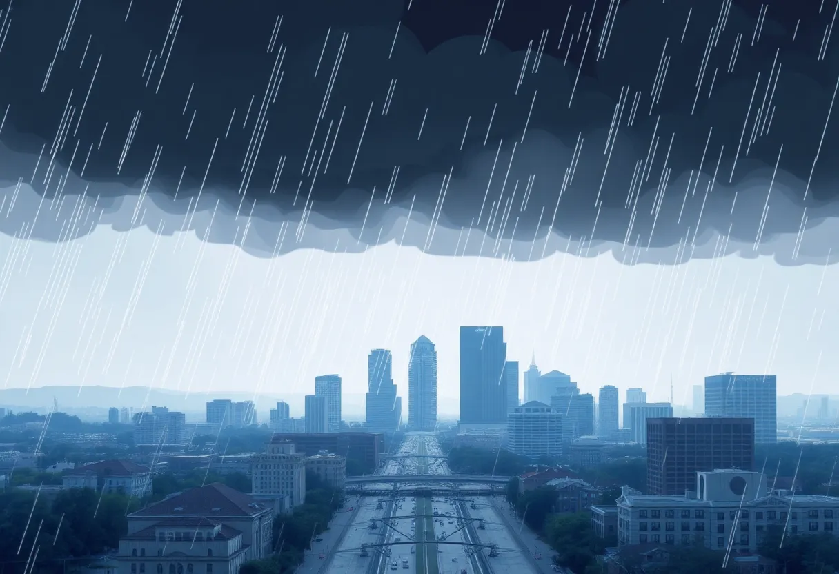 Cold front approaching San Antonio with dark clouds and rain