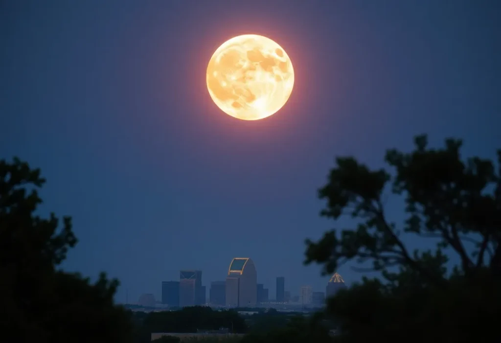 Cold Supermoon rising over the San Antonio skyline