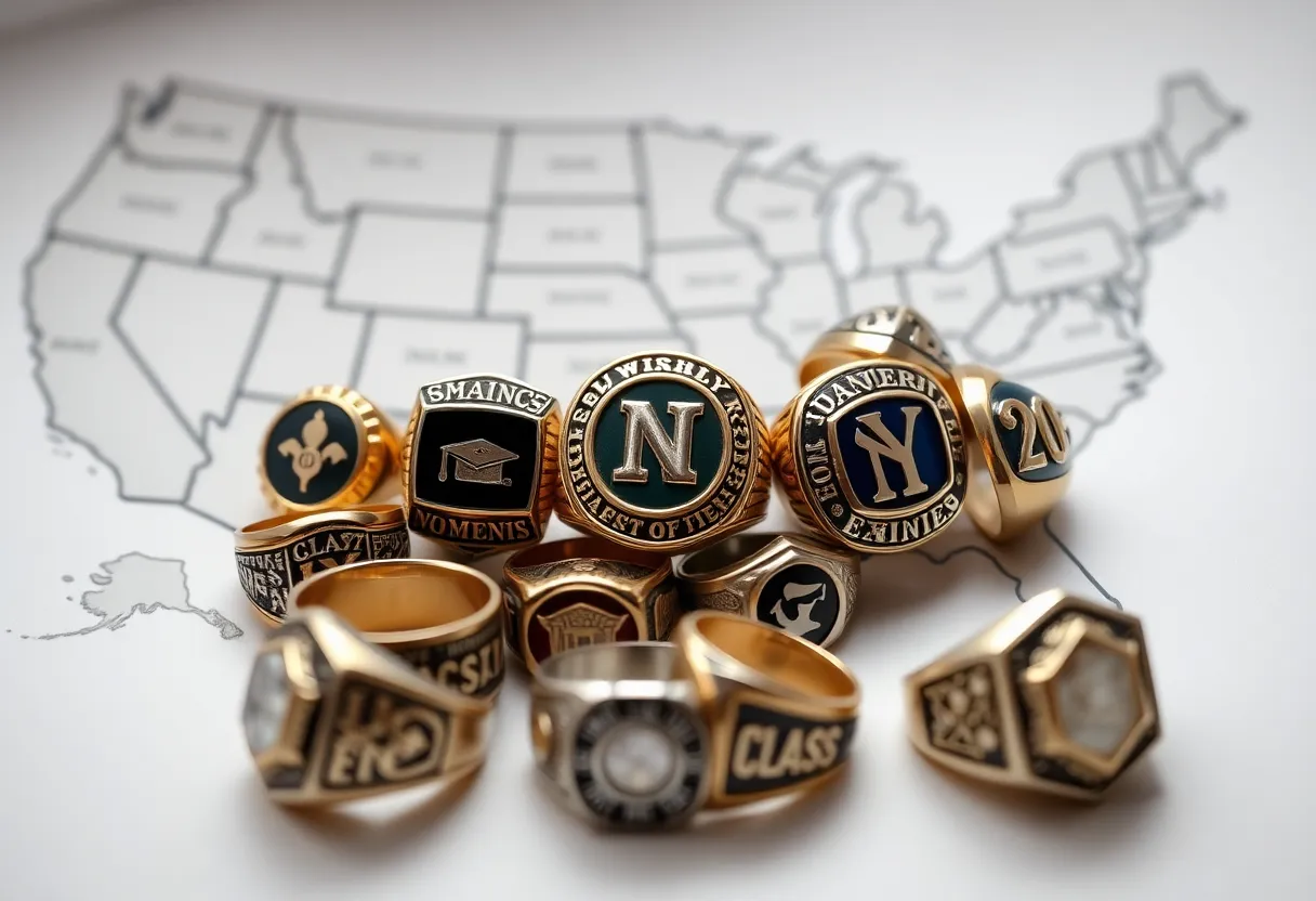 A collection of various class rings symbolizing achievements and memories.