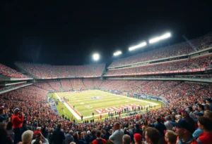 Fans celebrating at a college football bowl game