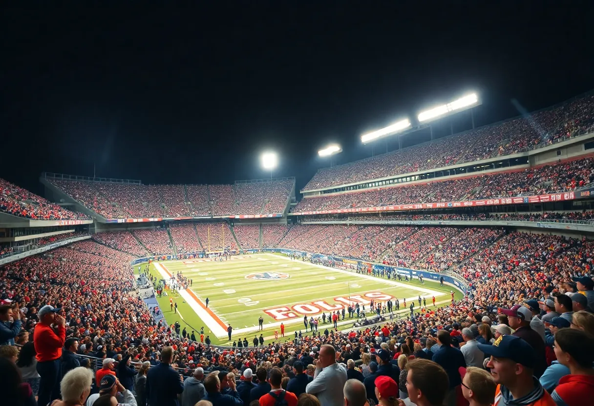 Fans celebrating at a college football bowl game