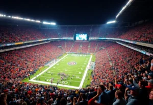 Fans cheering at a college football championship game