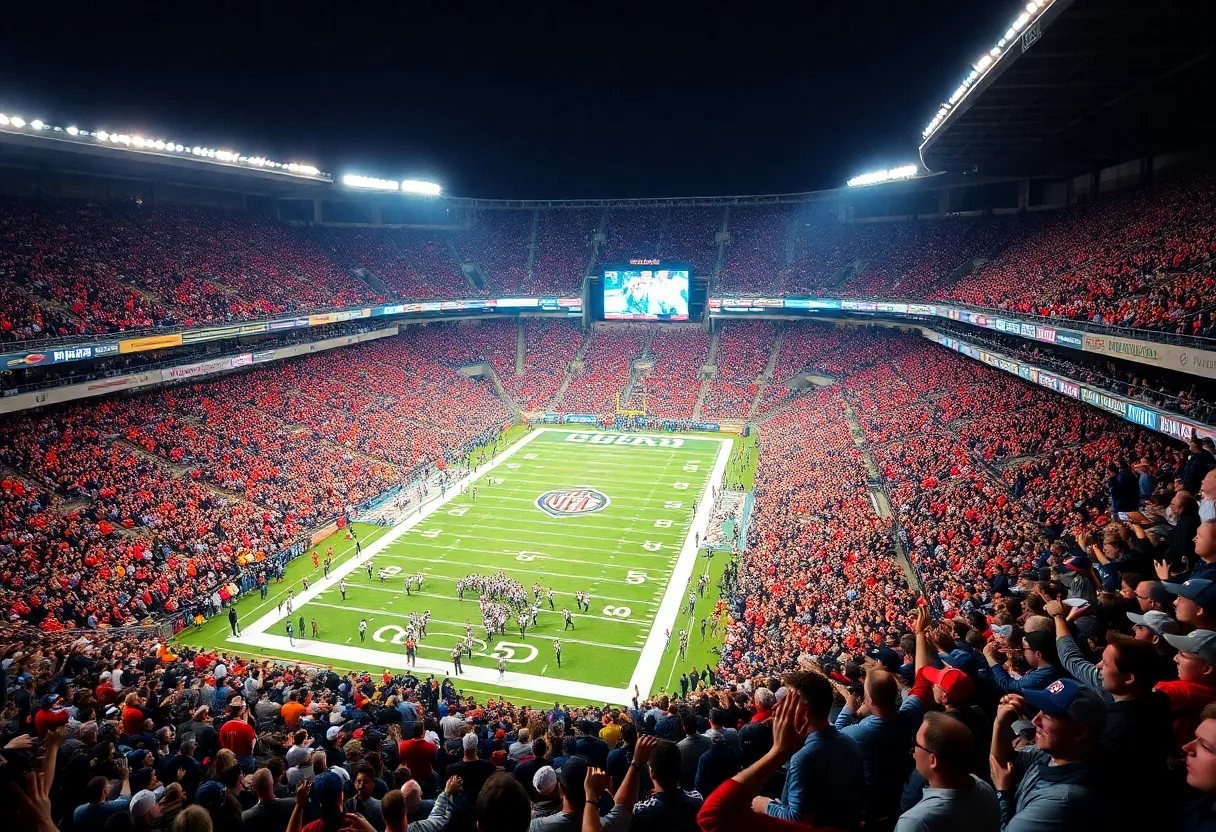 Fans cheering at a college football championship game