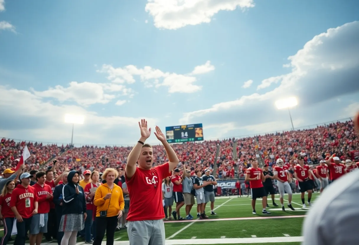 Fans cheering at a college football playoff game