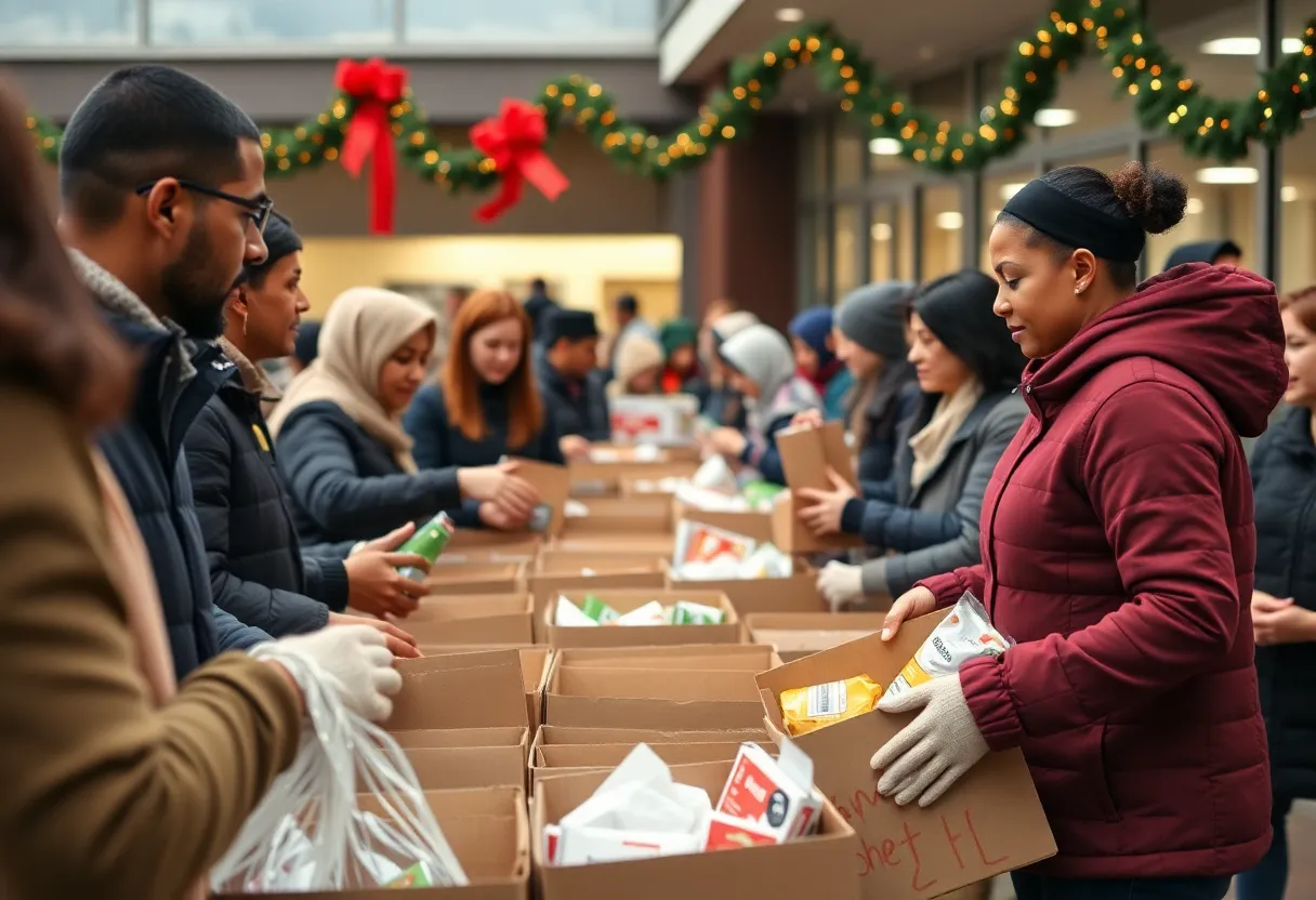 Volunteers distributing food to families during a community event.
